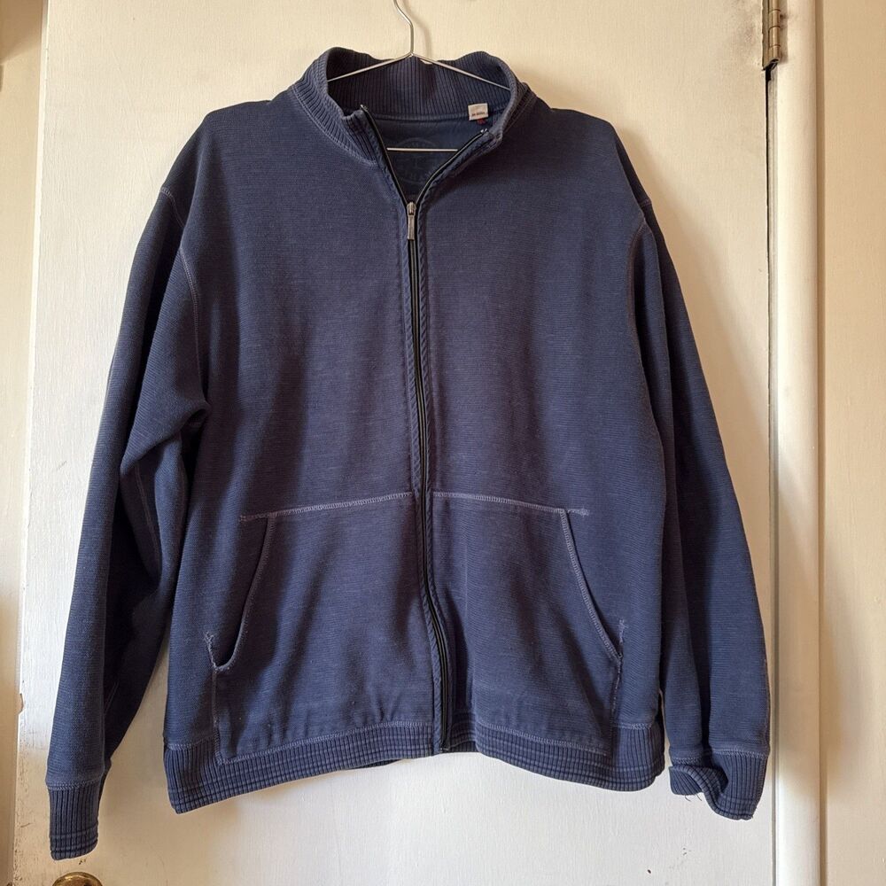 Tommy Bahama Full Zip Blue Cotton Sweater Jacket Elbow Patches Pockets Men's XL